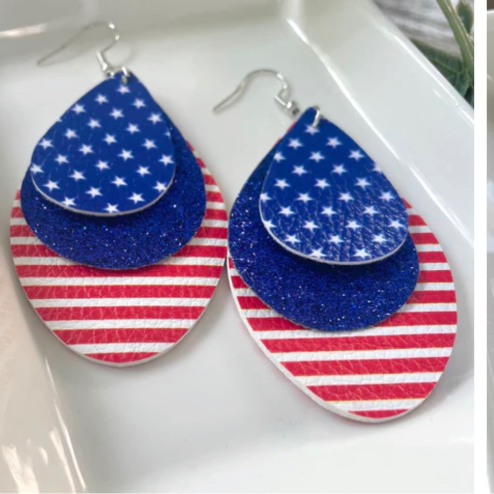 Faux leather red white blue earrings